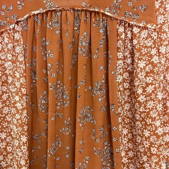 Free People Serena Blouse Floral Bell Sleeves Micro Floral Rust Sheer Size Large - Picture 6 of 7